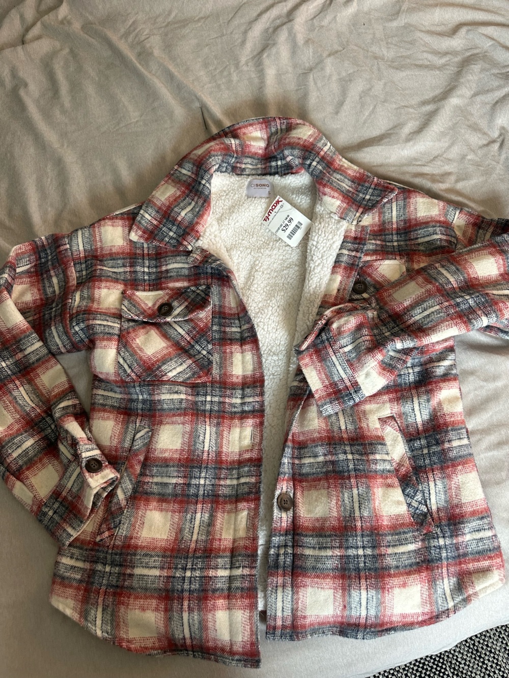 Sonoma Red Navy Cream Plaid Sherpa-Lined Jacket